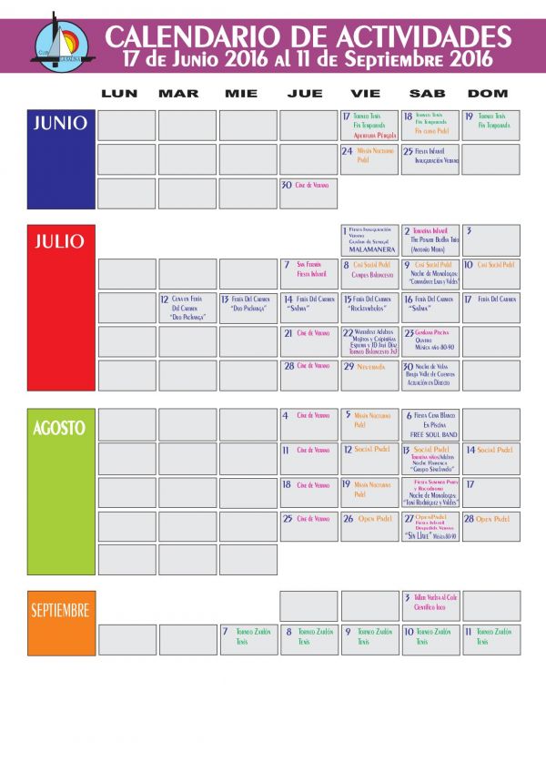 CALENDARIO ACTIVIDADES VERANO 2016