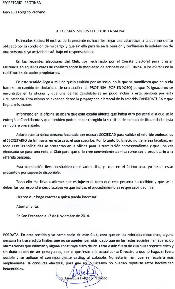 COMUNICADO DEL SECRETARIO DE PROTINSA